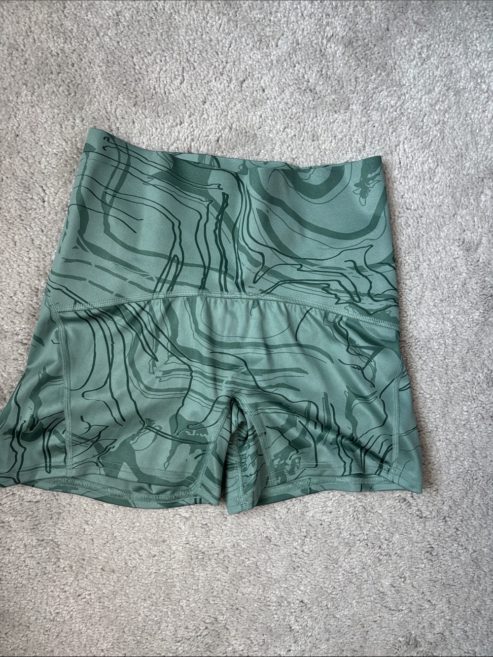High-Waist Green Marble Print shorts with scrunch